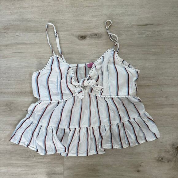Francesca's Alanna Striped Pom Trim Tank Top Tie Front Cropped Peplum Size Large - Picture 2 of 5